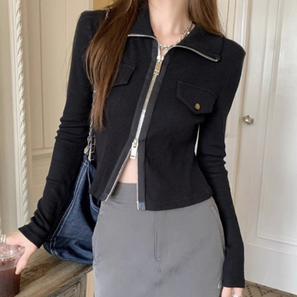 Womens Double Zipper Lapel Cardigan with Long Sleeves in Gray and Black - Picture 16 of 32