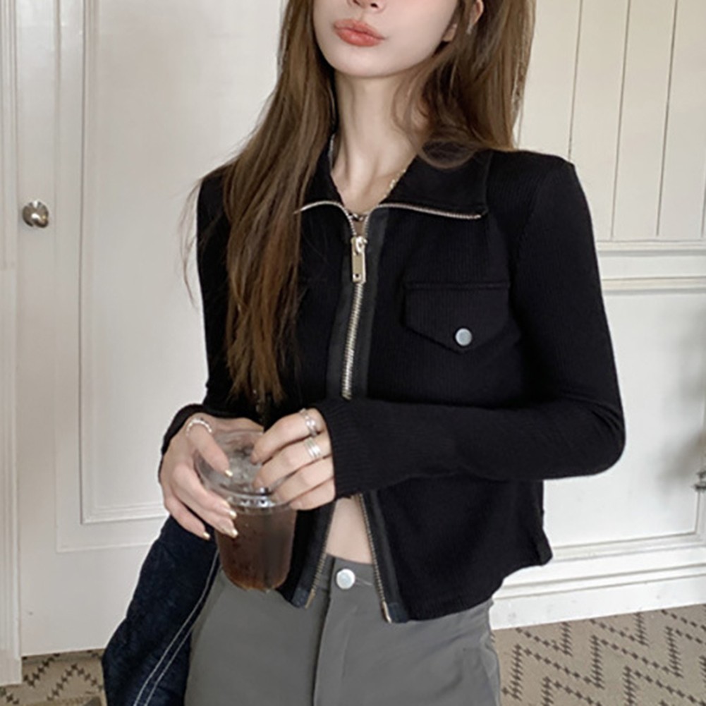 Womens Double Zipper Lapel Cardigan with Long Sleeves in Gray and Black - Picture 13 of 32