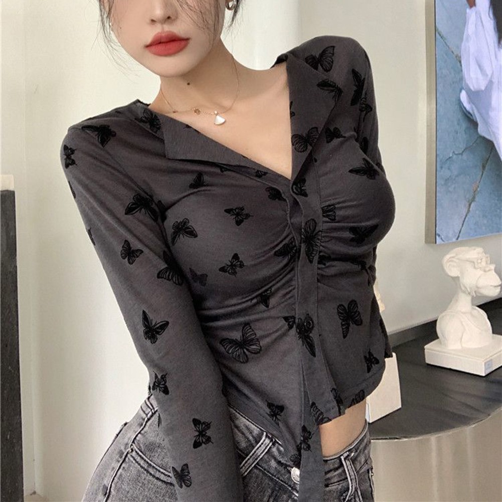 Fashionable Women's Slim Fit Gray Long Sleeve T Shirt with Butterflies - Imagen 13 de 32