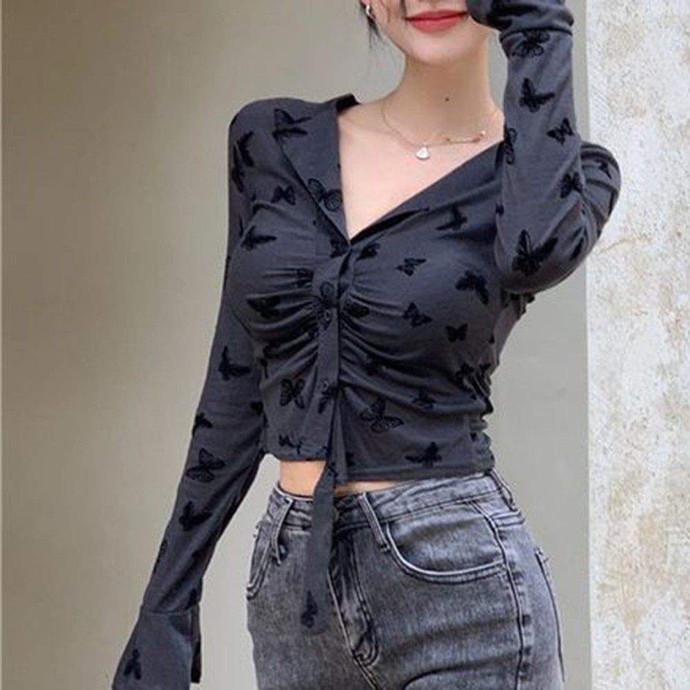 Fashionable Women's Slim Fit Gray Long Sleeve T Shirt with Butterflies - Imagen 14 de 32