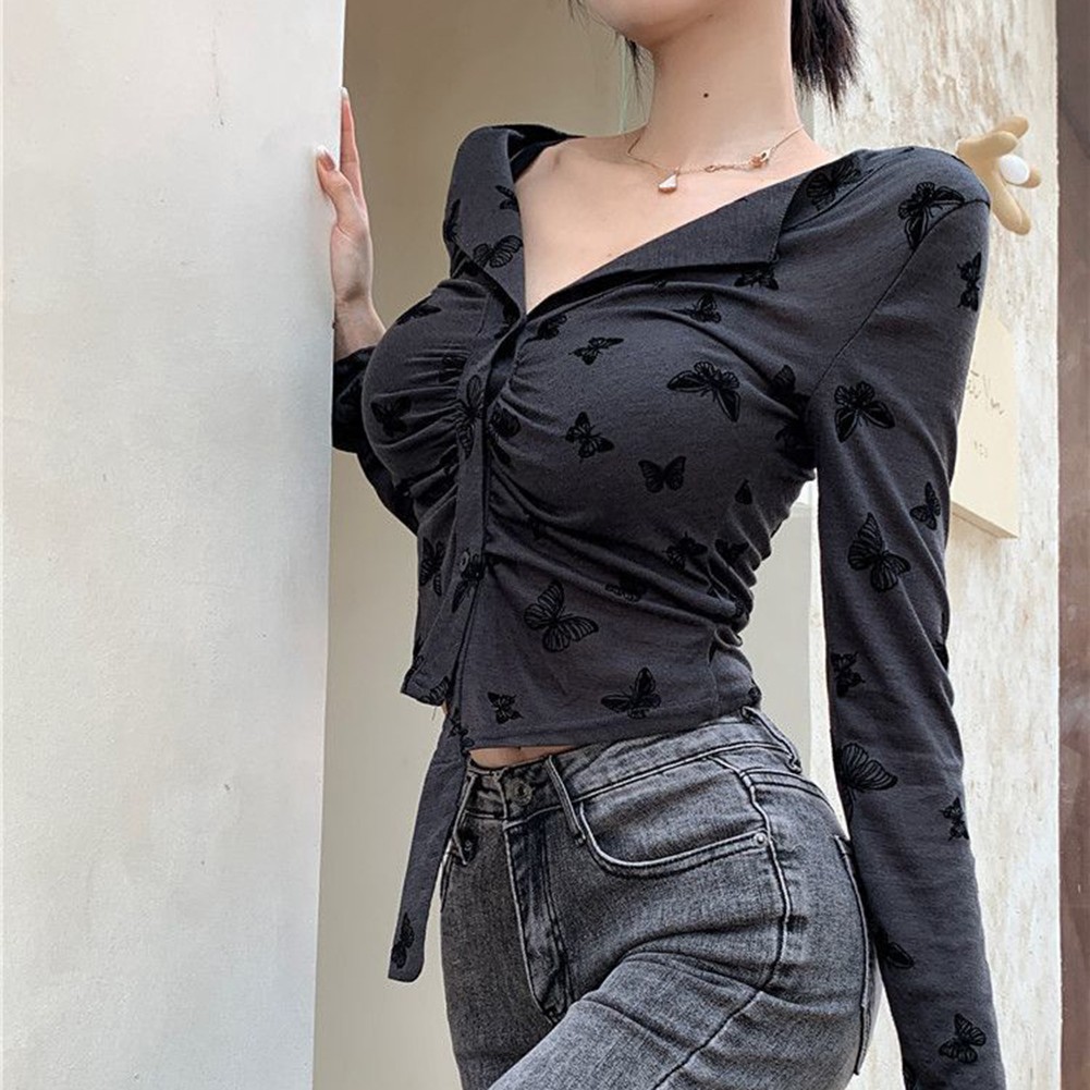 Fashionable Women's Slim Fit Gray Long Sleeve T Shirt with Butterflies - Imagen 15 de 32