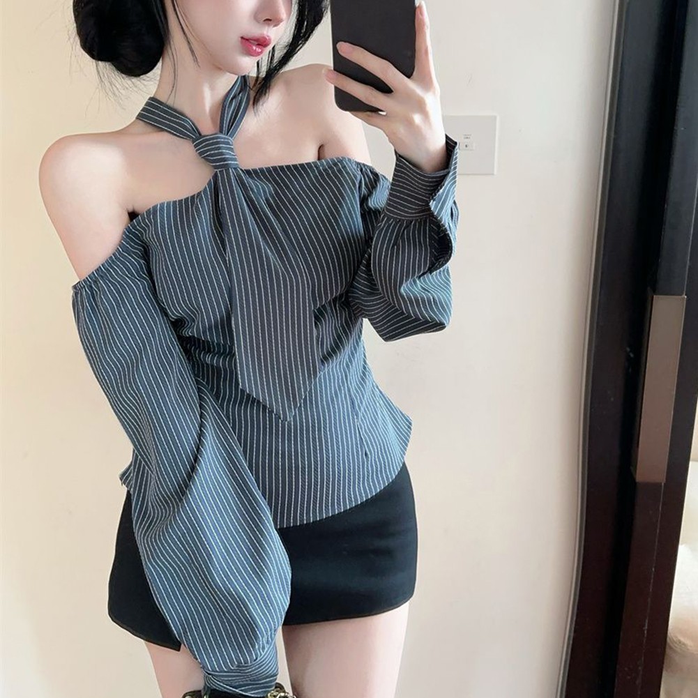 Sleek Halter Neck Long Sleeve Shirt with Stripe Pattern Perfect for Women - Picture 15 of 32