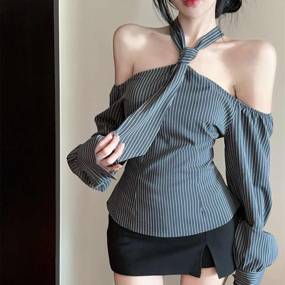 Sleek Halter Neck Long Sleeve Shirt with Stripe Pattern Perfect for Women - Picture 16 of 32