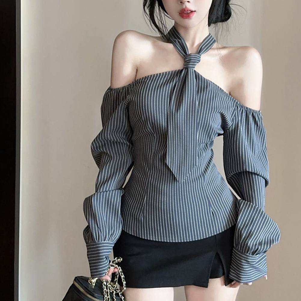 Sleek Halter Neck Long Sleeve Shirt with Stripe Pattern Perfect for Women - Picture 14 of 32