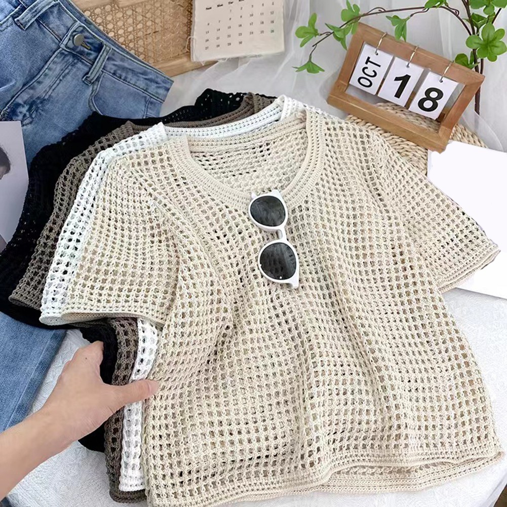 Summer Ready Loose Fit Hollow Knit Sweater for Women with Short Sleeves - Picture 11 of 12