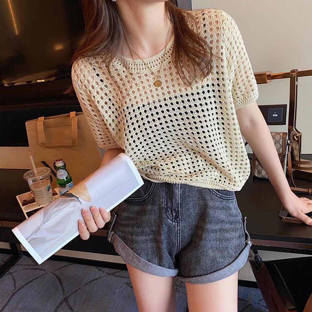 Summer Ready Loose Fit Hollow Knit Sweater for Women with Short Sleeves - Picture 9 of 12