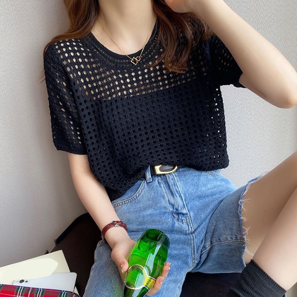 Summer Ready Loose Fit Hollow Knit Sweater for Women with Short Sleeves - Picture 8 of 12