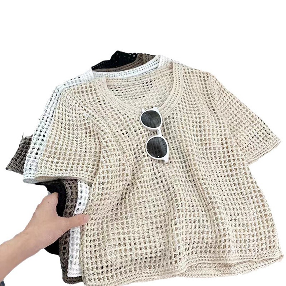 Summer Ready Loose Fit Hollow Knit Sweater for Women with Short Sleeves - Picture 10 of 12