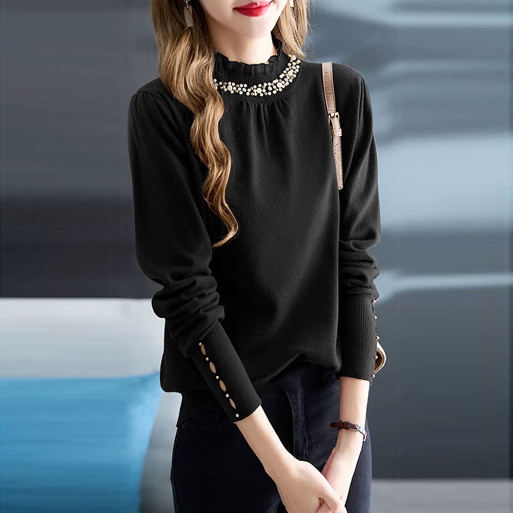 Korean Fashion Women's Loose Long Sleeve Solid Color Ruffle Beaded Top - Picture 14 of 30