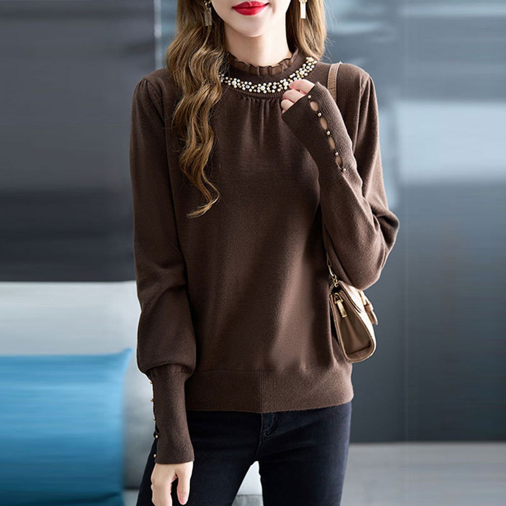 Korean Fashion Women's Loose Long Sleeve Solid Color Ruffle Beaded Top - Picture 19 of 30