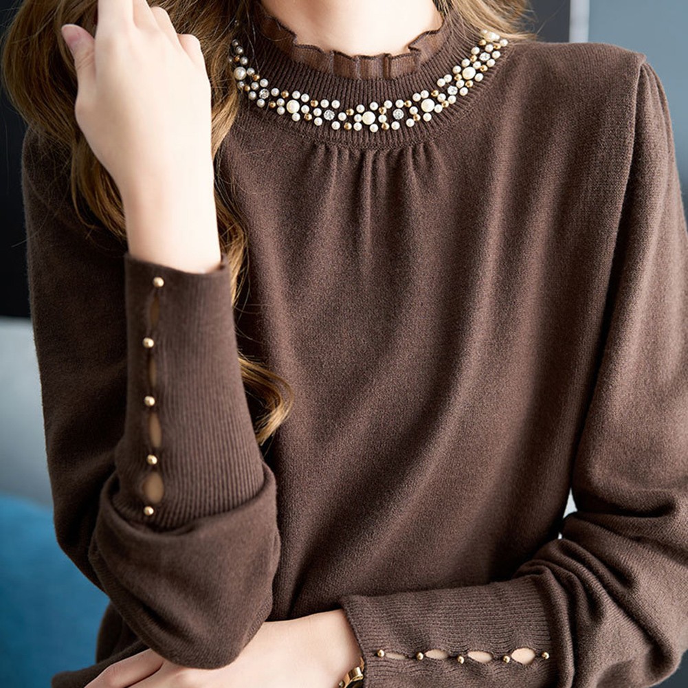Korean Fashion Women's Loose Long Sleeve Solid Color Ruffle Beaded Top - Picture 30 of 30
