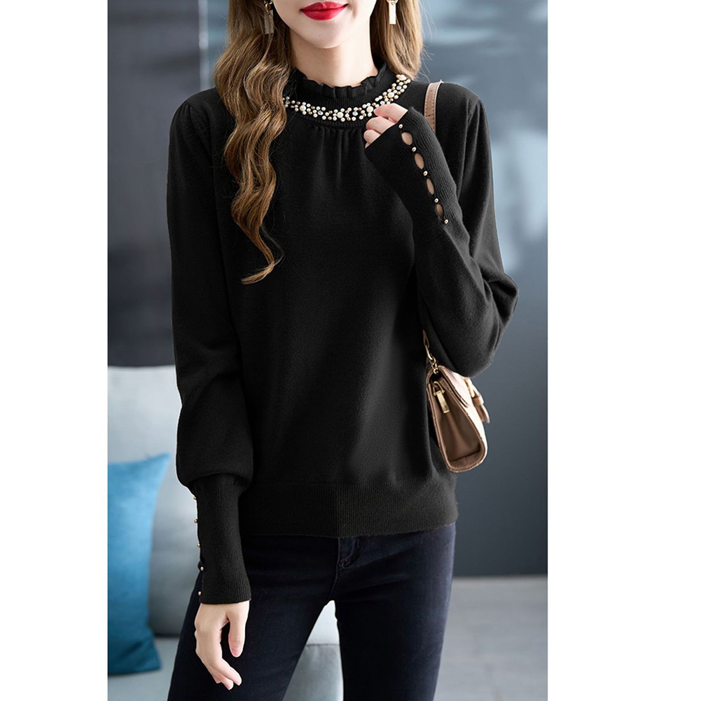Korean Fashion Women's Loose Long Sleeve Solid Color Ruffle Beaded Top - Picture 17 of 30