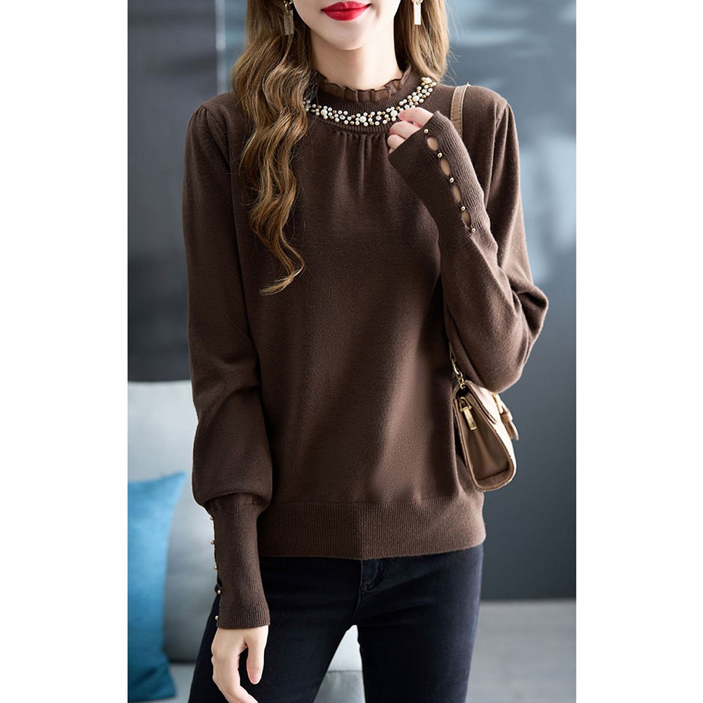 Korean Fashion Women's Loose Long Sleeve Solid Color Ruffle Beaded Top - Picture 27 of 30