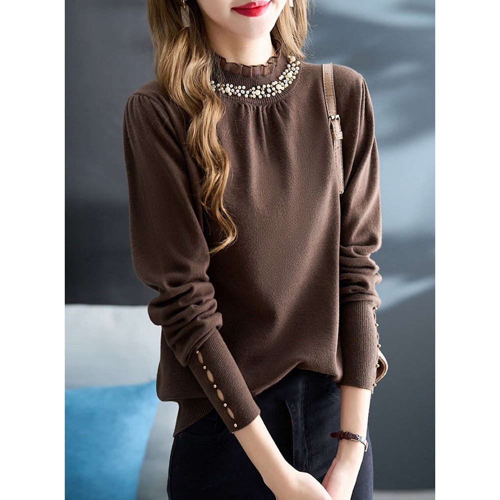 Korean Fashion Women's Loose Long Sleeve Solid Color Ruffle Beaded Top - Picture 26 of 30