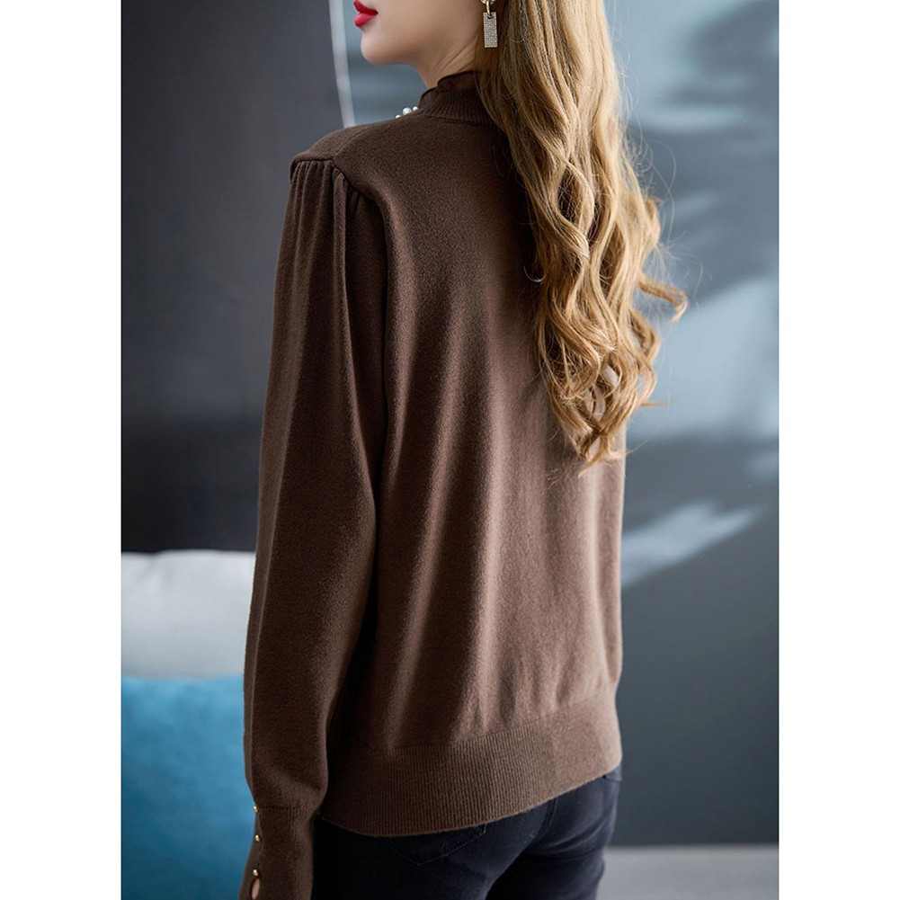 Korean Fashion Women's Loose Long Sleeve Solid Color Ruffle Beaded Top - Picture 22 of 30
