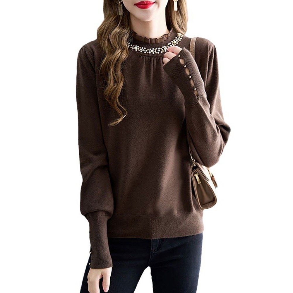 Korean Fashion Women's Loose Long Sleeve Solid Color Ruffle Beaded Top - Picture 21 of 30