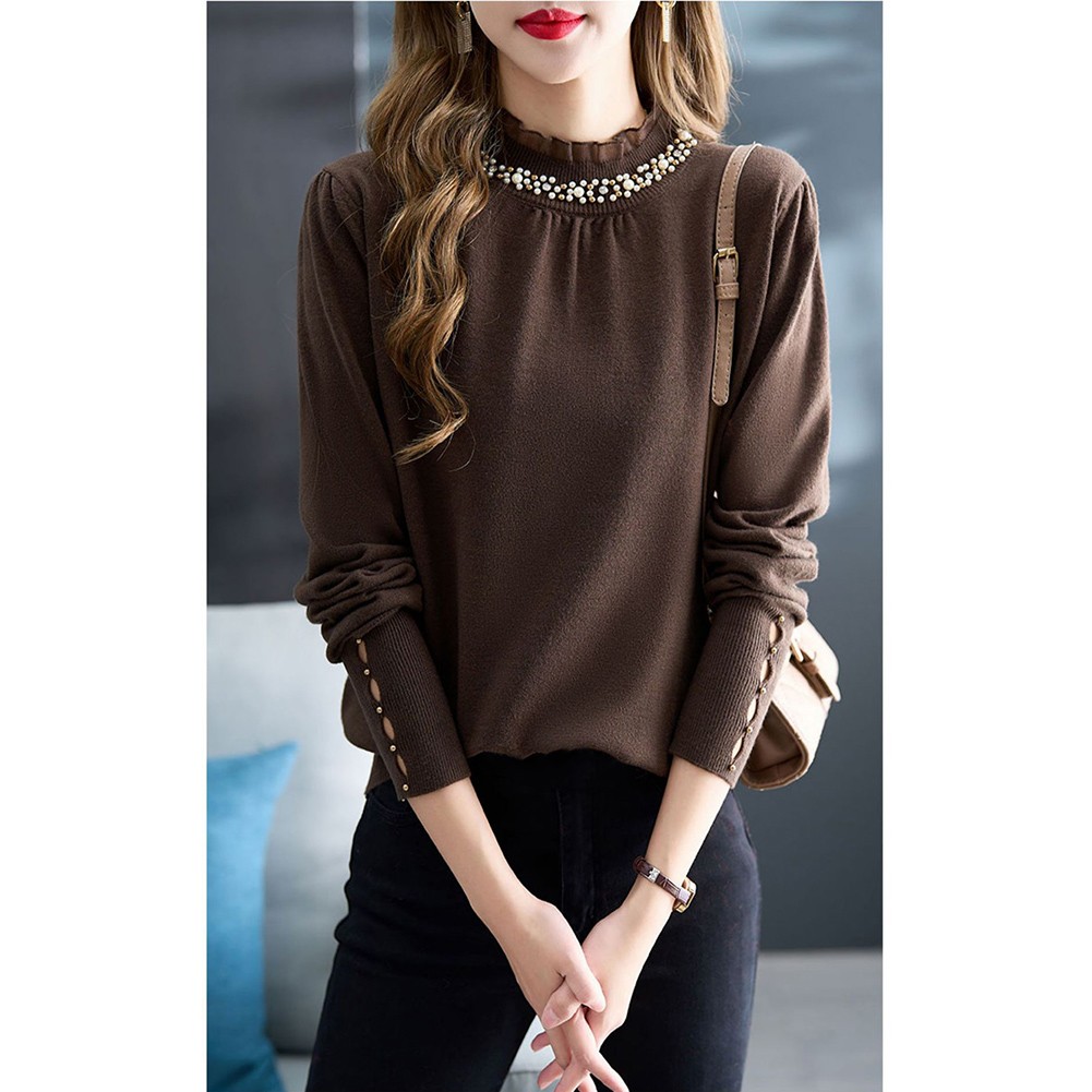 Korean Fashion Women's Loose Long Sleeve Solid Color Ruffle Beaded Top - Picture 28 of 30