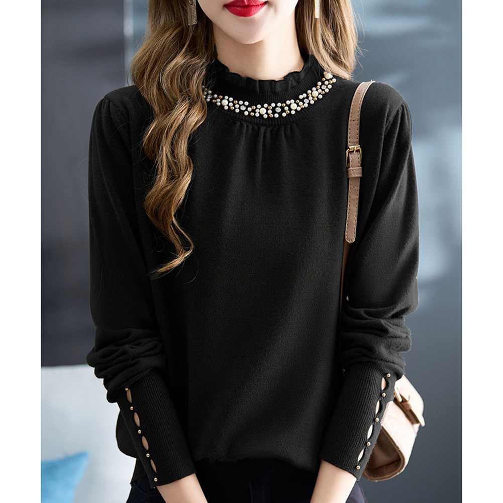 Korean Fashion Women's Loose Long Sleeve Solid Color Ruffle Beaded Top - Picture 16 of 30