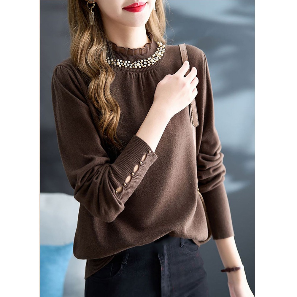 Korean Fashion Women's Loose Long Sleeve Solid Color Ruffle Beaded Top - Picture 25 of 30