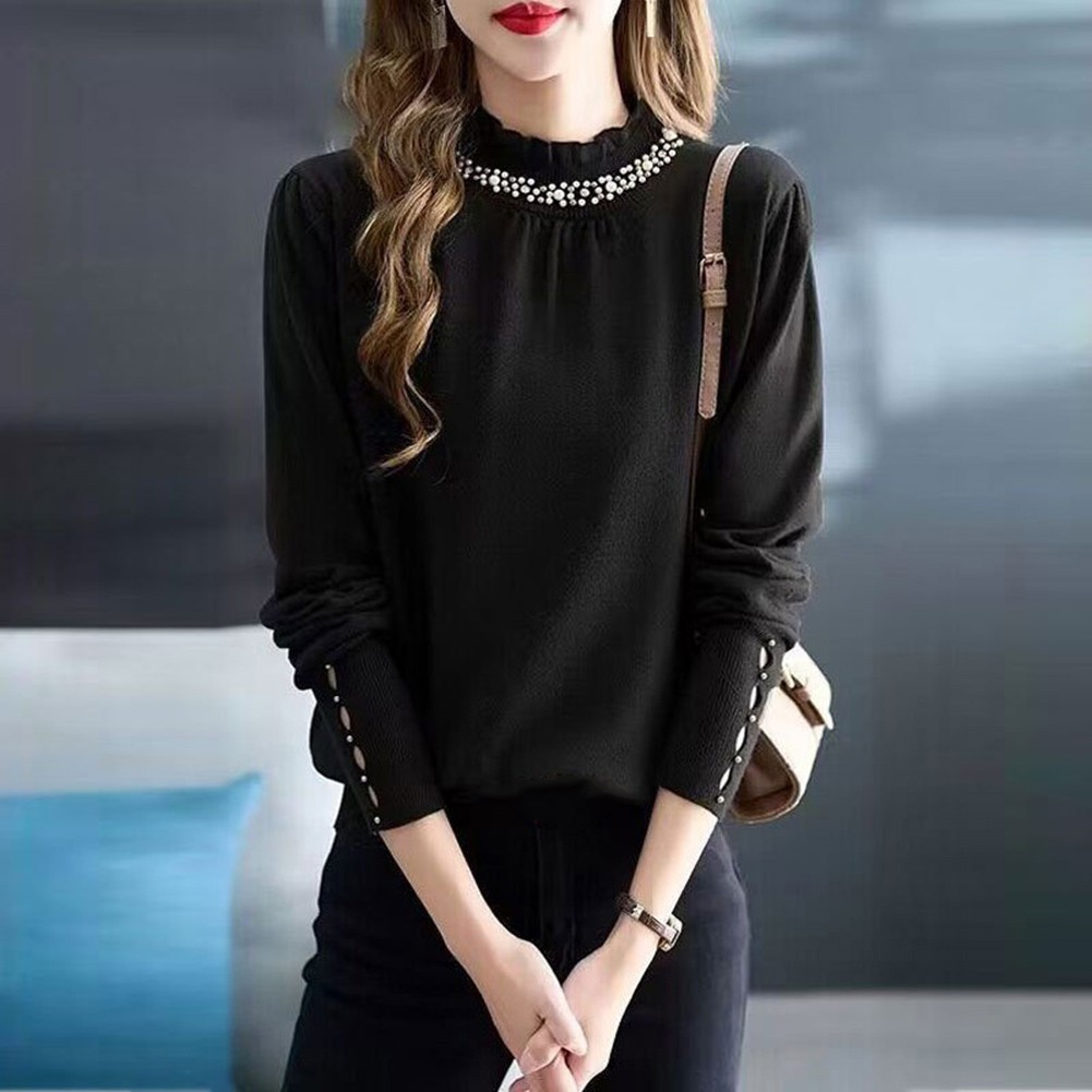 Korean Fashion Women's Loose Long Sleeve Solid Color Ruffle Beaded Top - Picture 13 of 30