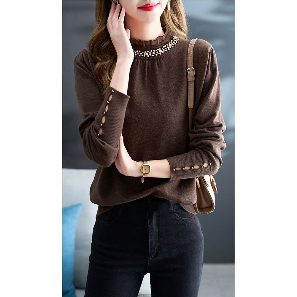 Korean Fashion Women's Loose Long Sleeve Solid Color Ruffle Beaded Top - Picture 29 of 30