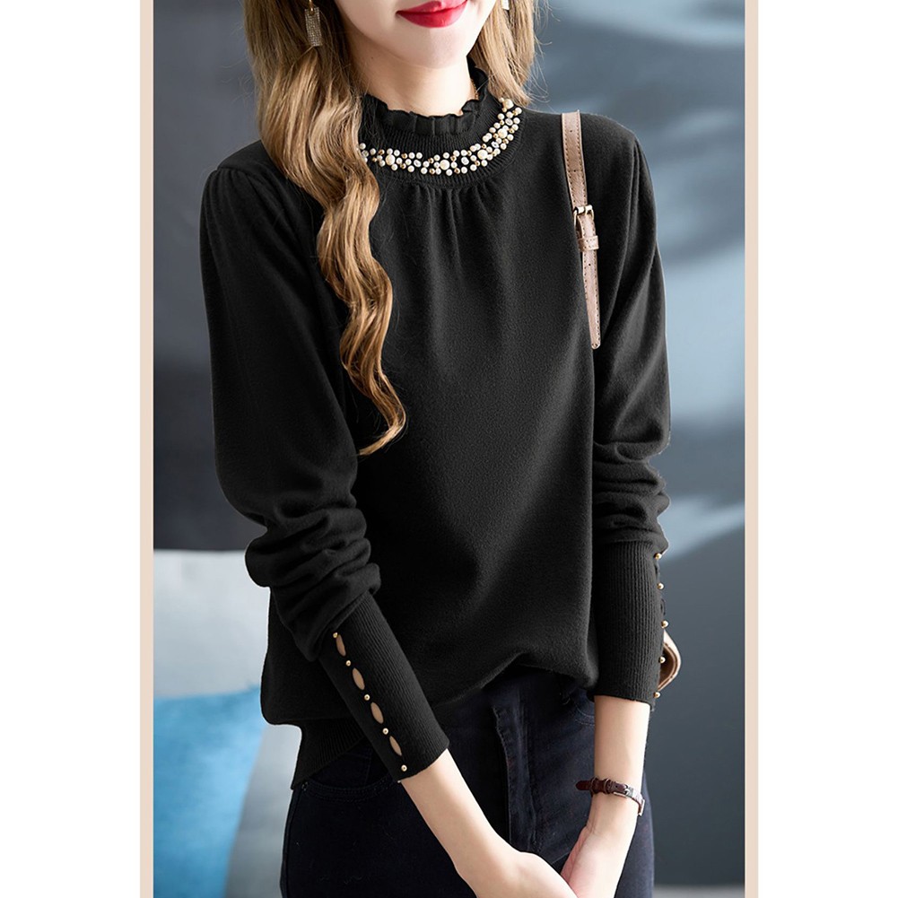 Korean Fashion Women's Loose Long Sleeve Solid Color Ruffle Beaded Top - Picture 15 of 30