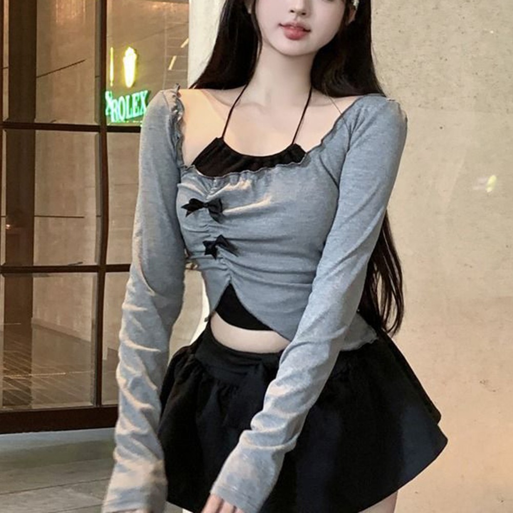 Hot Girl Style unregelmäßiges Langarm Slim Fit T-Shirt für Damen in grau - Bild 14 von 21