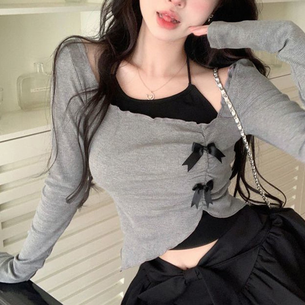 Hot Girl Style unregelmäßiges Langarm Slim Fit T-Shirt für Damen in grau - Bild 13 von 21