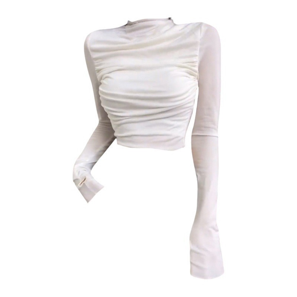 Womens Long Sleeve Half Turtleneck Folds Slim Crop Tops for Comfortable Outfits - Picture 16 of 32