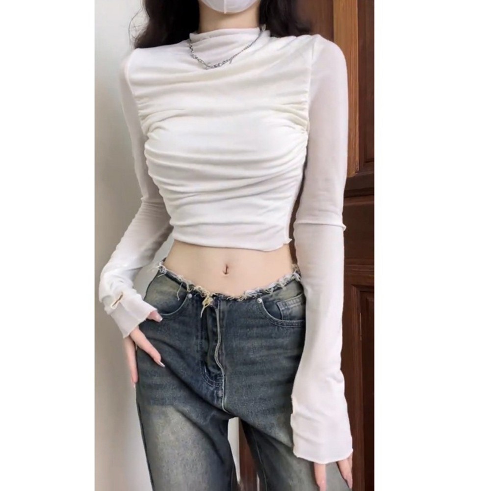 Womens Long Sleeve Half Turtleneck Folds Slim Crop Tops for Comfortable Outfits - Picture 14 of 32