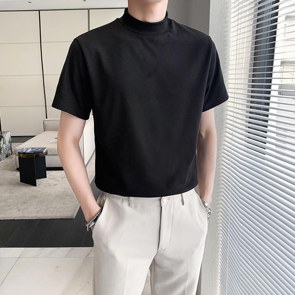 Short Sleeve Pullover Tops for Men with Elastic Half Turtleneck Design