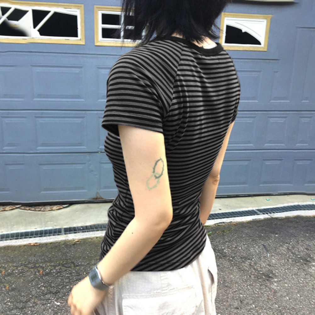 Classic Womens Slender Fitting Stripe Patterned T Shirt in Dark Grey Shade - Picture 14 of 24