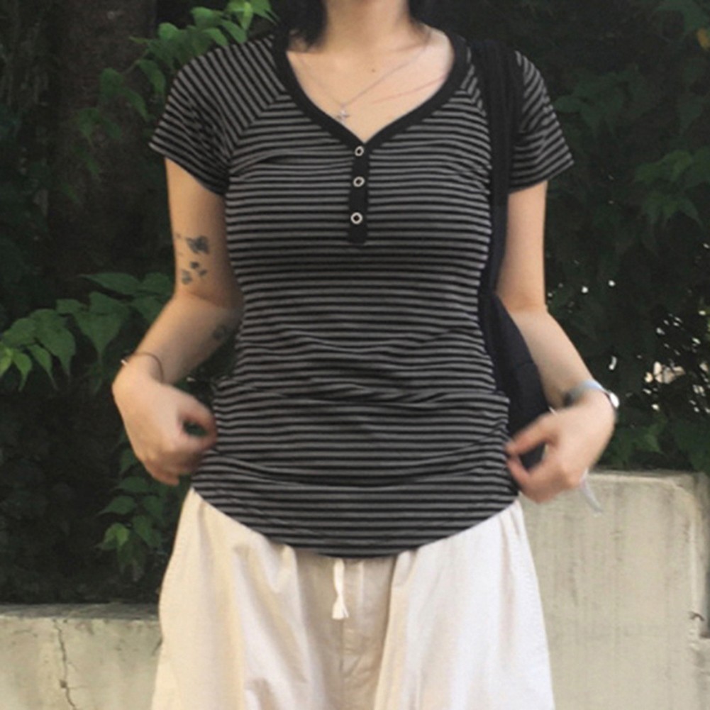 Classic Womens Slender Fitting Stripe Patterned T Shirt in Dark Grey Shade - Picture 13 of 24