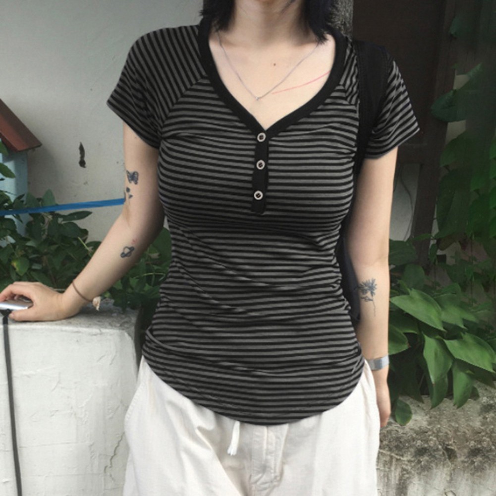 Classic Womens Slender Fitting Stripe Patterned T Shirt in Dark Grey Shade - Picture 16 of 24
