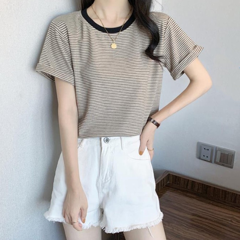Cute Women's Everyday Short Sleeve T Shirt Featuring Trendy Stripe Pattern