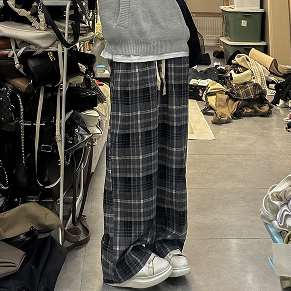 Fashionable Women's Loose Fit Straight Wide Leg Pants with Retro Plaid Design - Picture 13 of 24