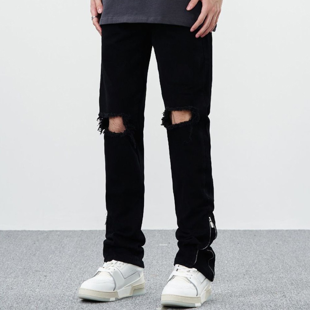 Trendy Mens Ripped Jeans in Black with Side Zipper and Distressed Look - Picture 16 of 42