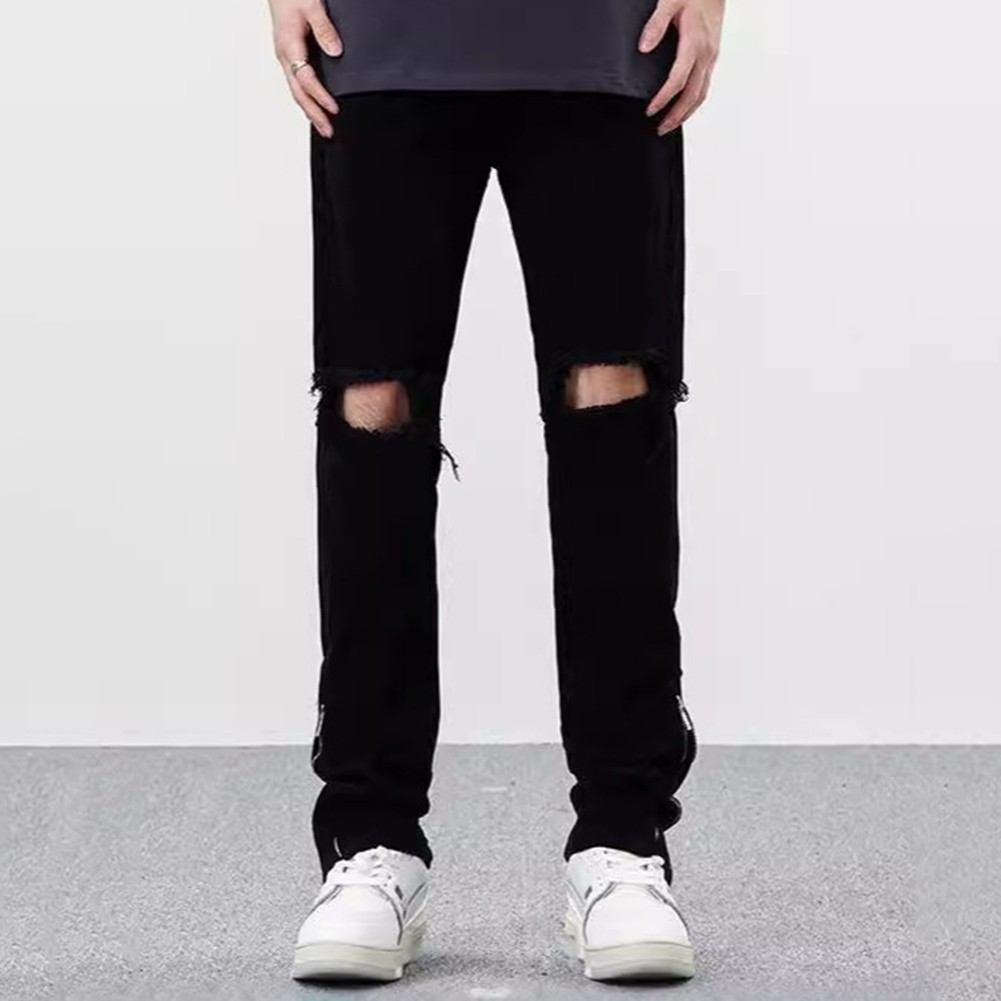Trendy Mens Ripped Jeans in Black with Side Zipper and Distressed Look - Picture 17 of 42