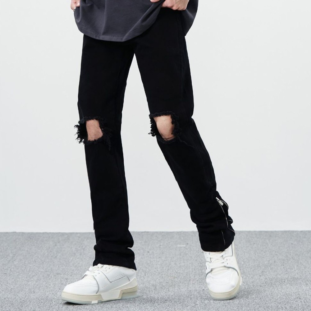 Trendy Mens Ripped Jeans in Black with Side Zipper and Distressed Look - Picture 15 of 42