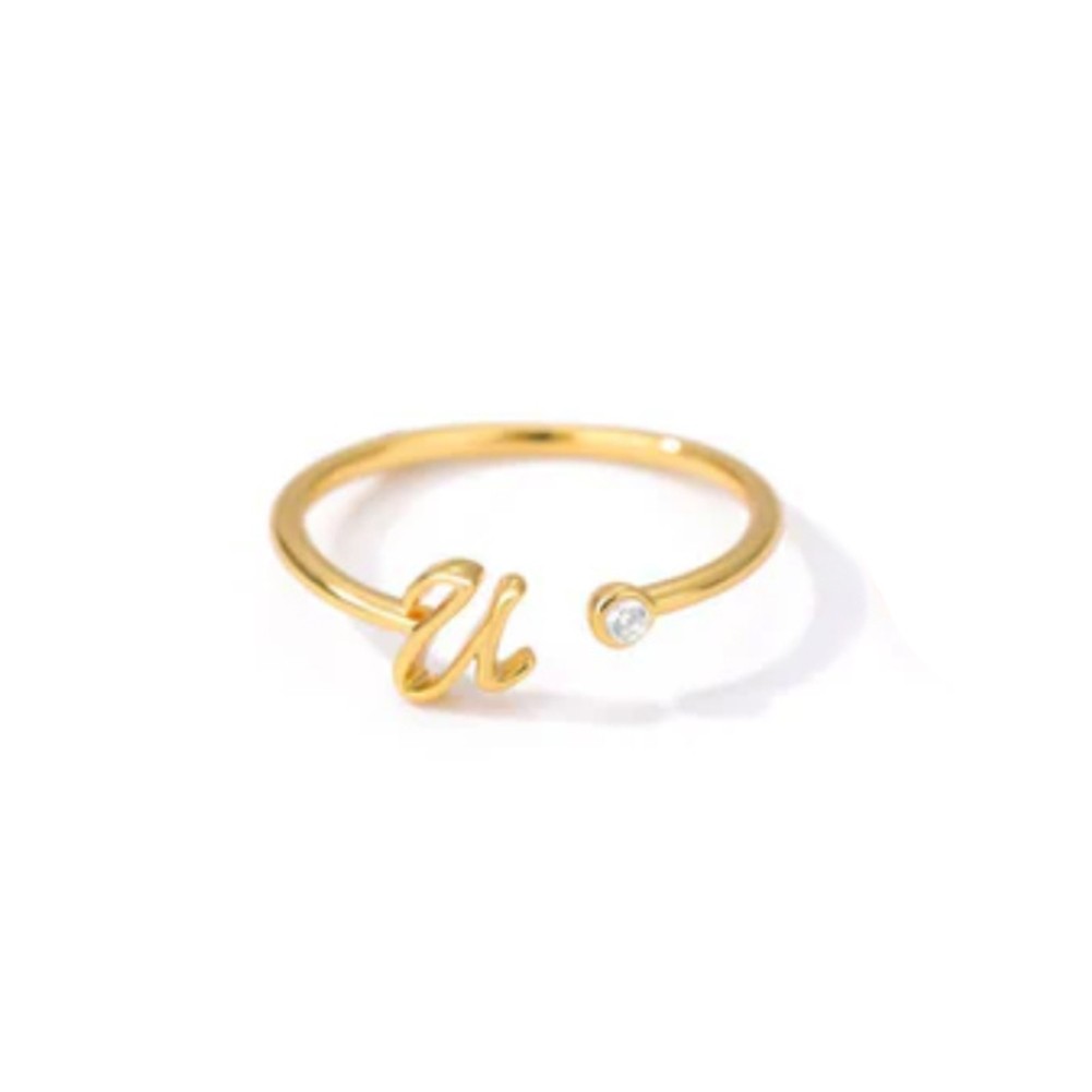 Stylish Zircon Inlaid Copper Ring with Unique 26 Letter Design for Women - Picture 33 of 38