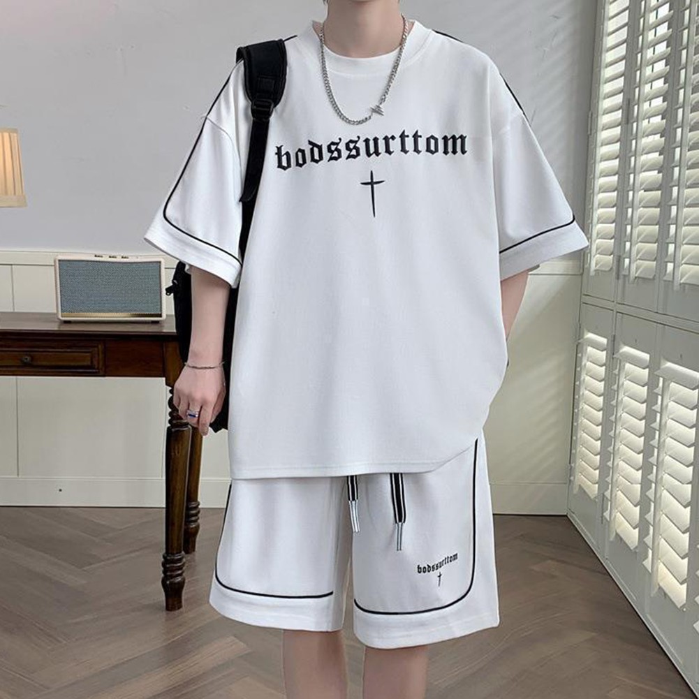 Men's Comfortable Summer Wear 2PCS Set of Letter Printed T Shirt and Shorts - Picture 13 of 26
