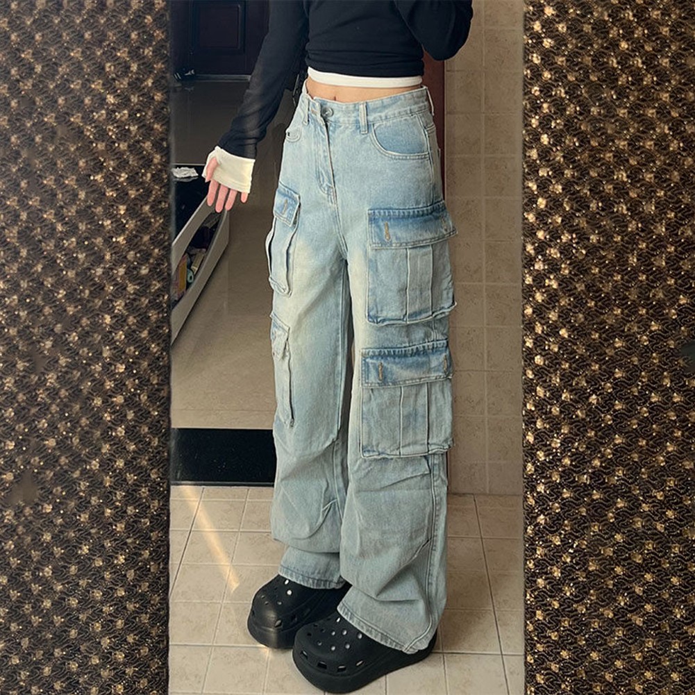 Stylish Women's Wide Leg Pants Hot Girl Fashion with Practical Workwear Pockets - Picture 6 of 8