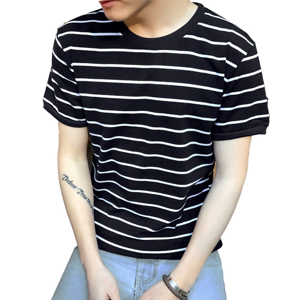 Men's Slim Fit Casual Tee with Korean Stripe Print and Comfortable Fabric - Picture 13 of 24
