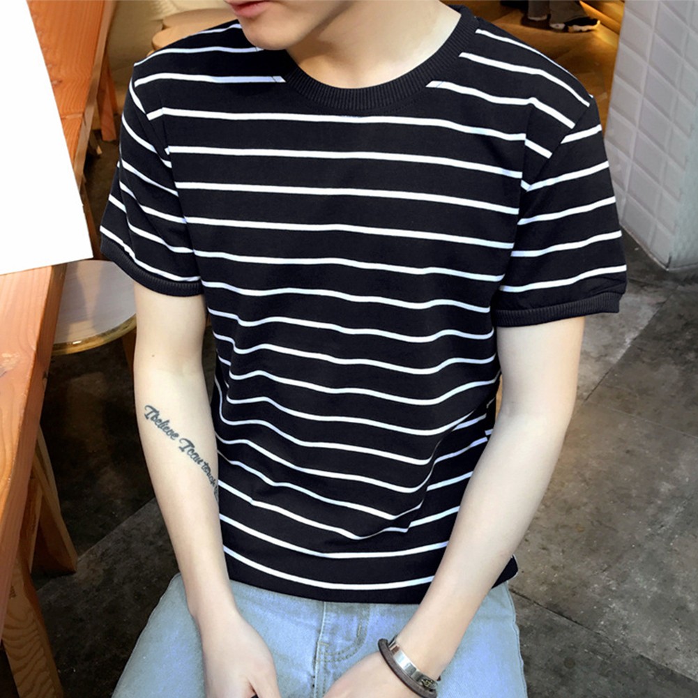 Men's Slim Fit Casual Tee with Korean Stripe Print and Comfortable Fabric - Picture 14 of 24