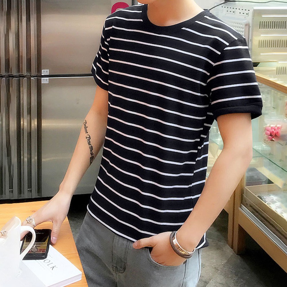Men's Slim Fit Casual Tee with Korean Stripe Print and Comfortable Fabric - Picture 15 of 24