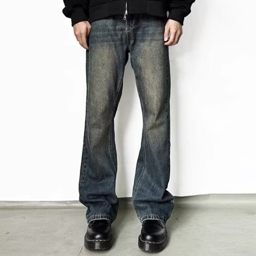 Casual Mens Washed Jeans Thin Fit Pants with Retro Flare for Stylish Looks - Picture 12 of 16