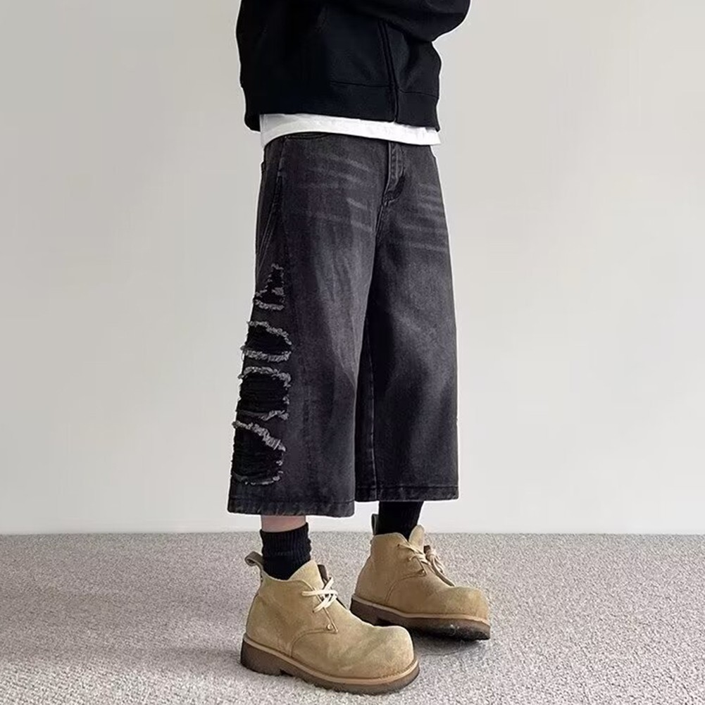 Stylish Ripped Wide Leg Jeans for Men Loose Straight Casual Cropped Pants - Picture 15 of 36