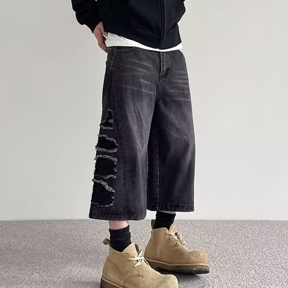 Stylish Ripped Wide Leg Jeans for Men Loose Straight Casual Cropped Pants - Picture 13 of 36