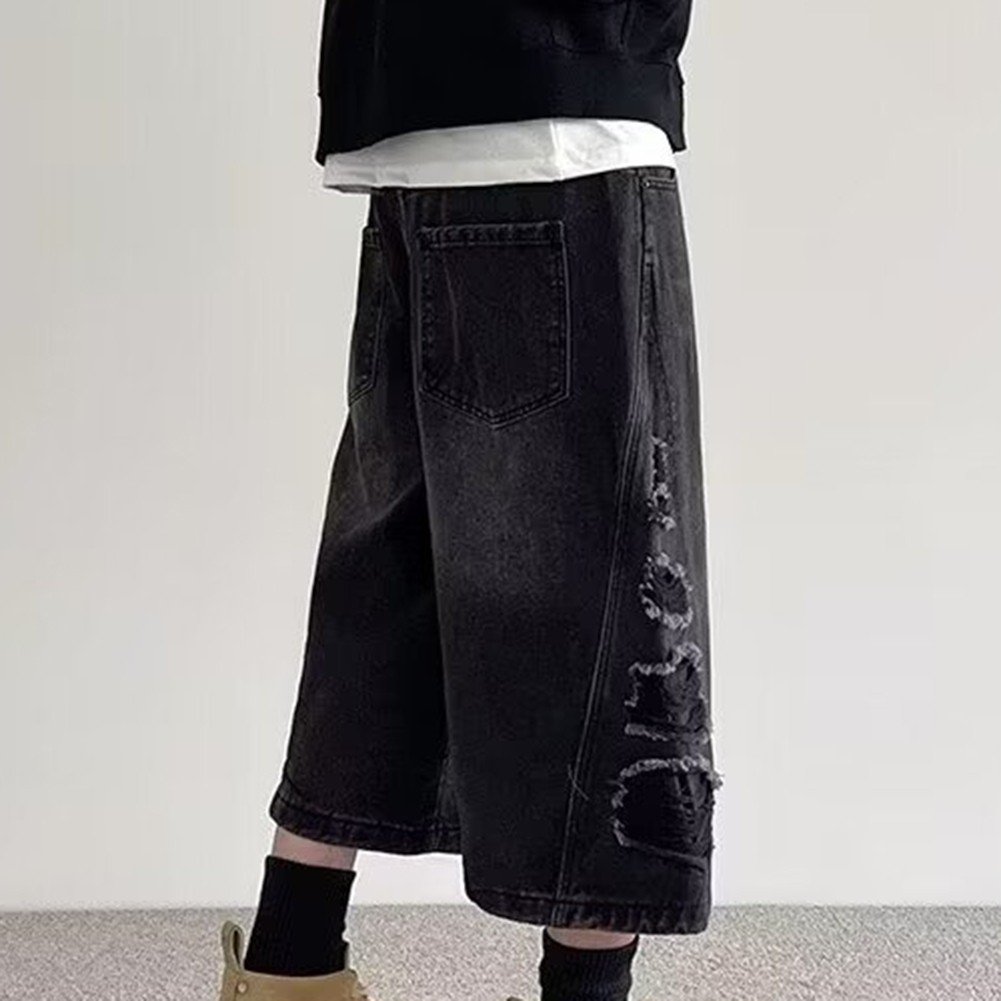 Stylish Ripped Wide Leg Jeans for Men Loose Straight Casual Cropped Pants - Picture 16 of 36
