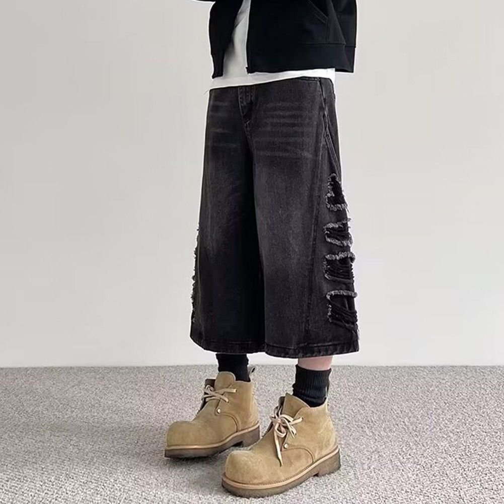 Stylish Ripped Wide Leg Jeans for Men Loose Straight Casual Cropped Pants - Picture 14 of 36